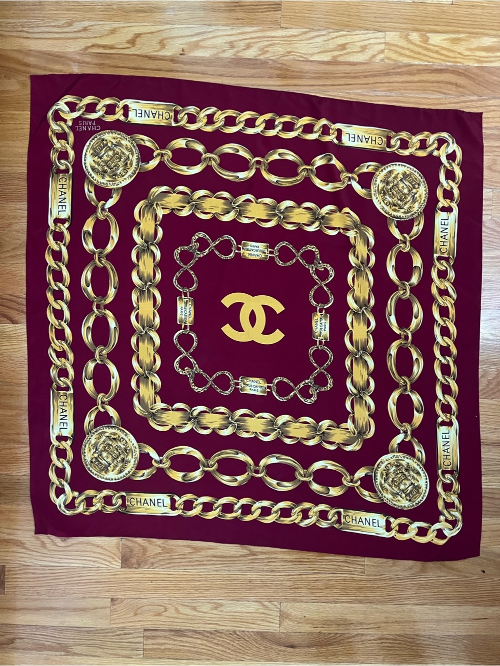 CHANEL Gold Chain Motif Silk Scarf - Burgundy